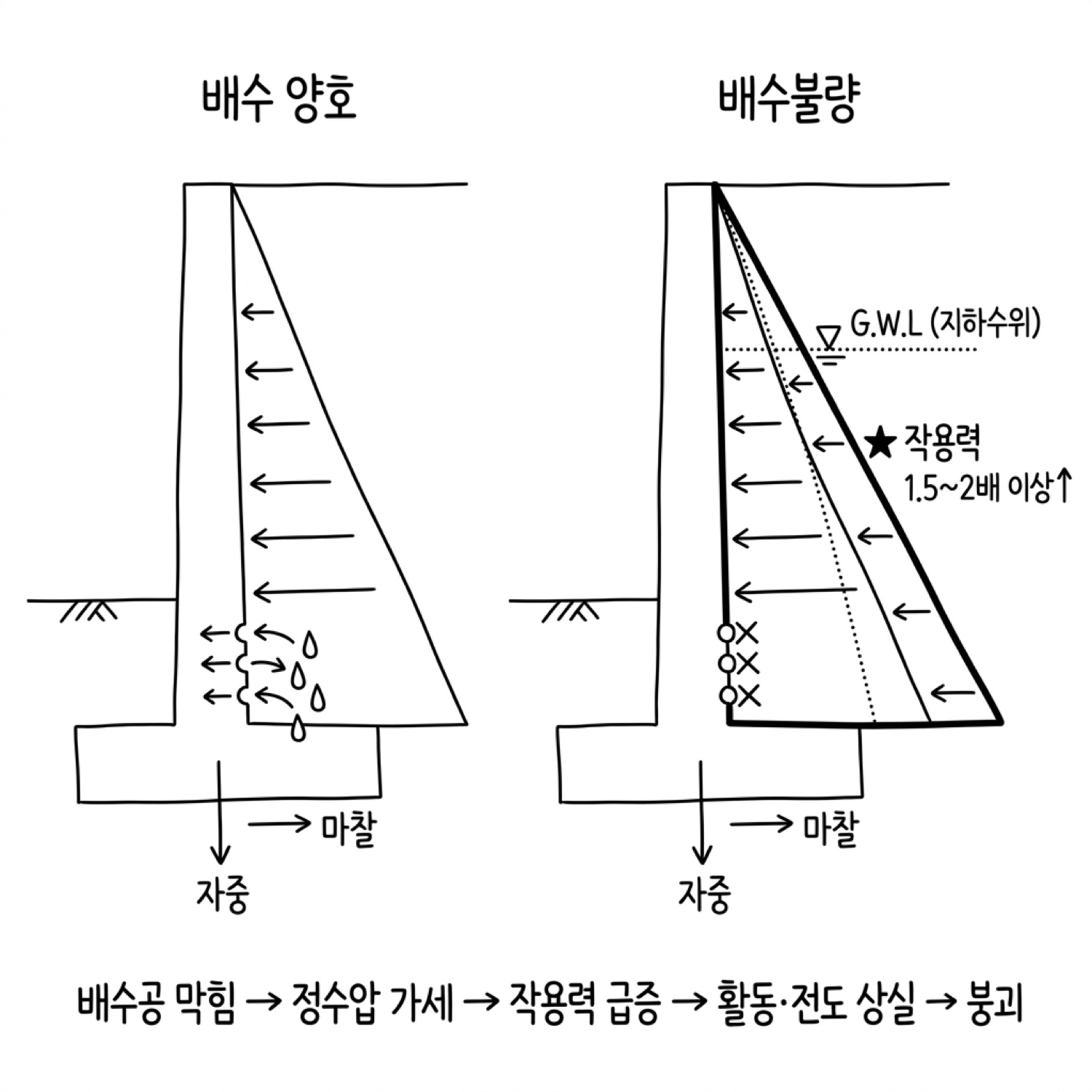 [그림 4] 배수불량 → 수압 증가 → 붕괴 인과 메커니즘