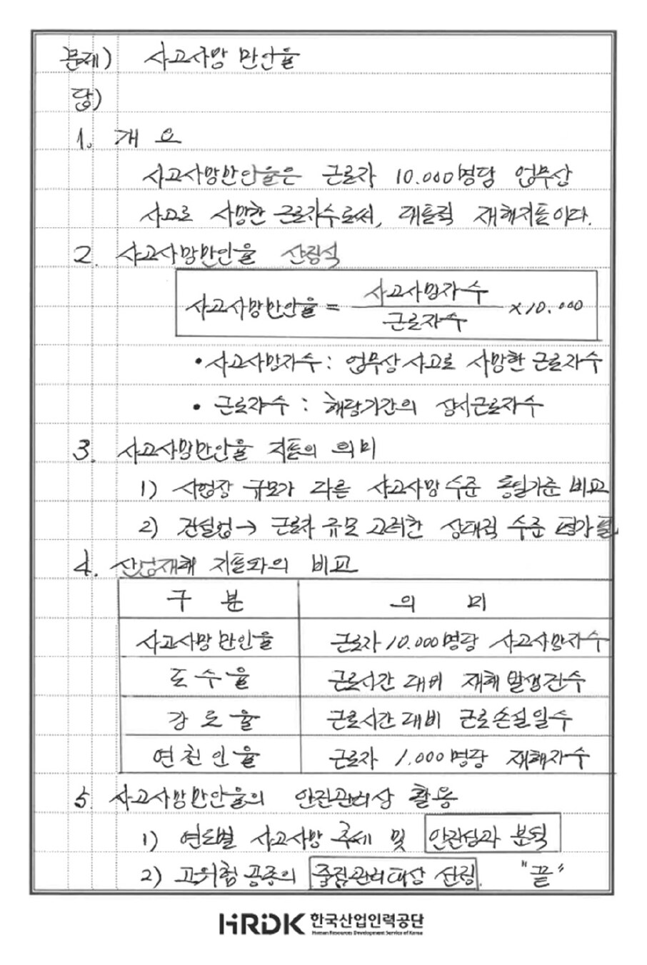 [그림 2] 실제 합격 답안 — 1 개요, 2 사고사망만인율 산정식(사고사망자수 나누기 근로자수 곱하기 만, 박스로 강조), 3 지표의 의미, 4 산업재해 지표와의 비교(사고사망만인율·도수율·강도율·연천인율 표), 5 안전관리상 활용